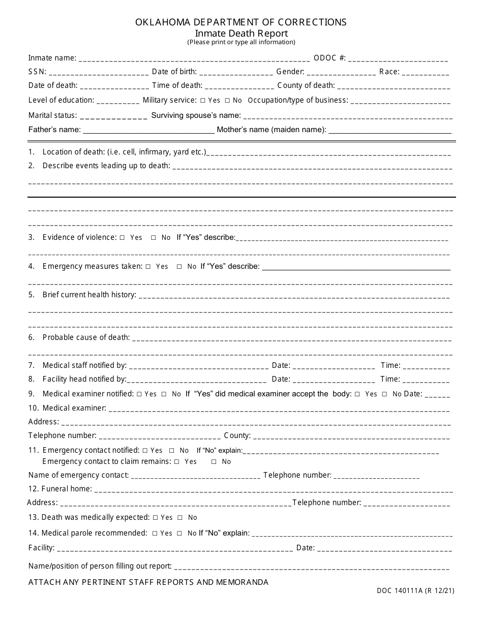 Form OP-140111A Inmate Death Report - Oklahoma, Page 1