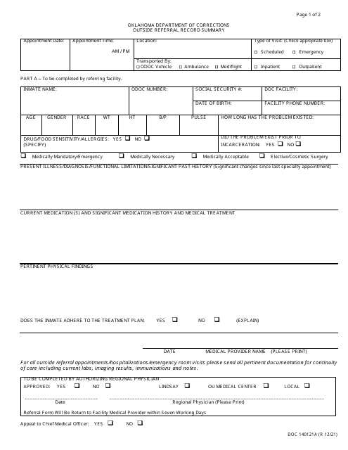 Form OP-140121A Outside Referral Record Summary - Oklahoma