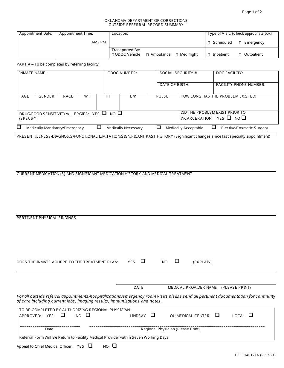 Form OP-140121A Outside Referral Record Summary - Oklahoma, Page 1