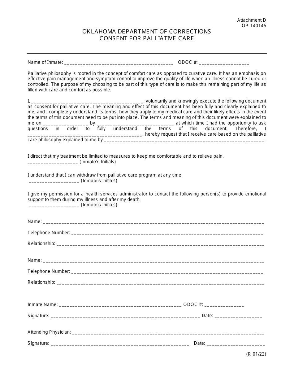 Form OP-140146 Attachment D Consent for Palliative Care - Oklahoma, Page 1