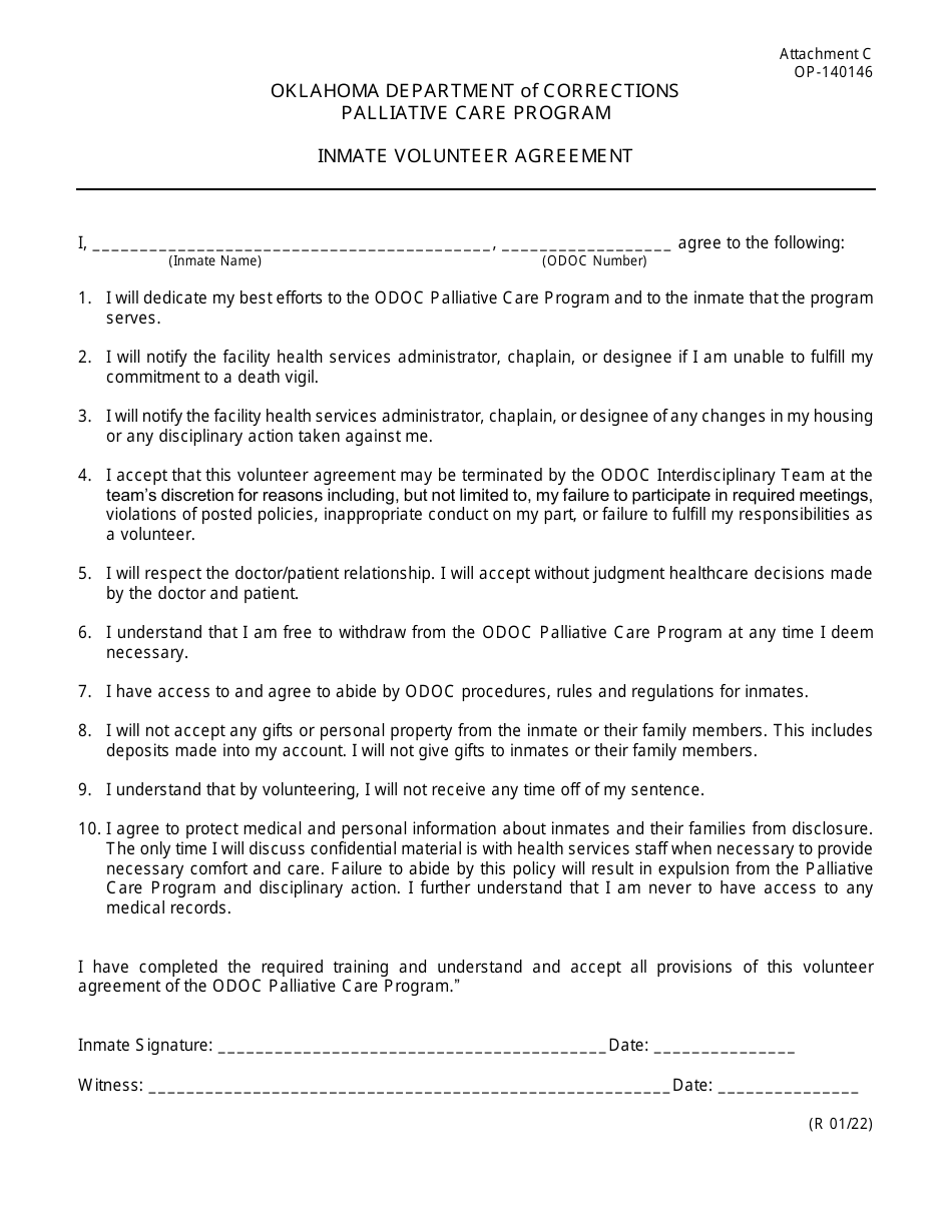 Form OP-140146 Attachment C Inmate Volunteer Agreement - Palliative Care Program - Oklahoma, Page 1