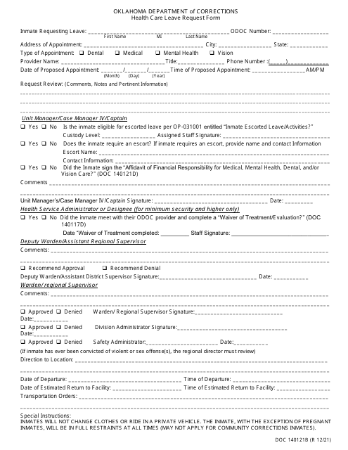 Form OP-140121B Health Care Leave Request Form - Oklahoma