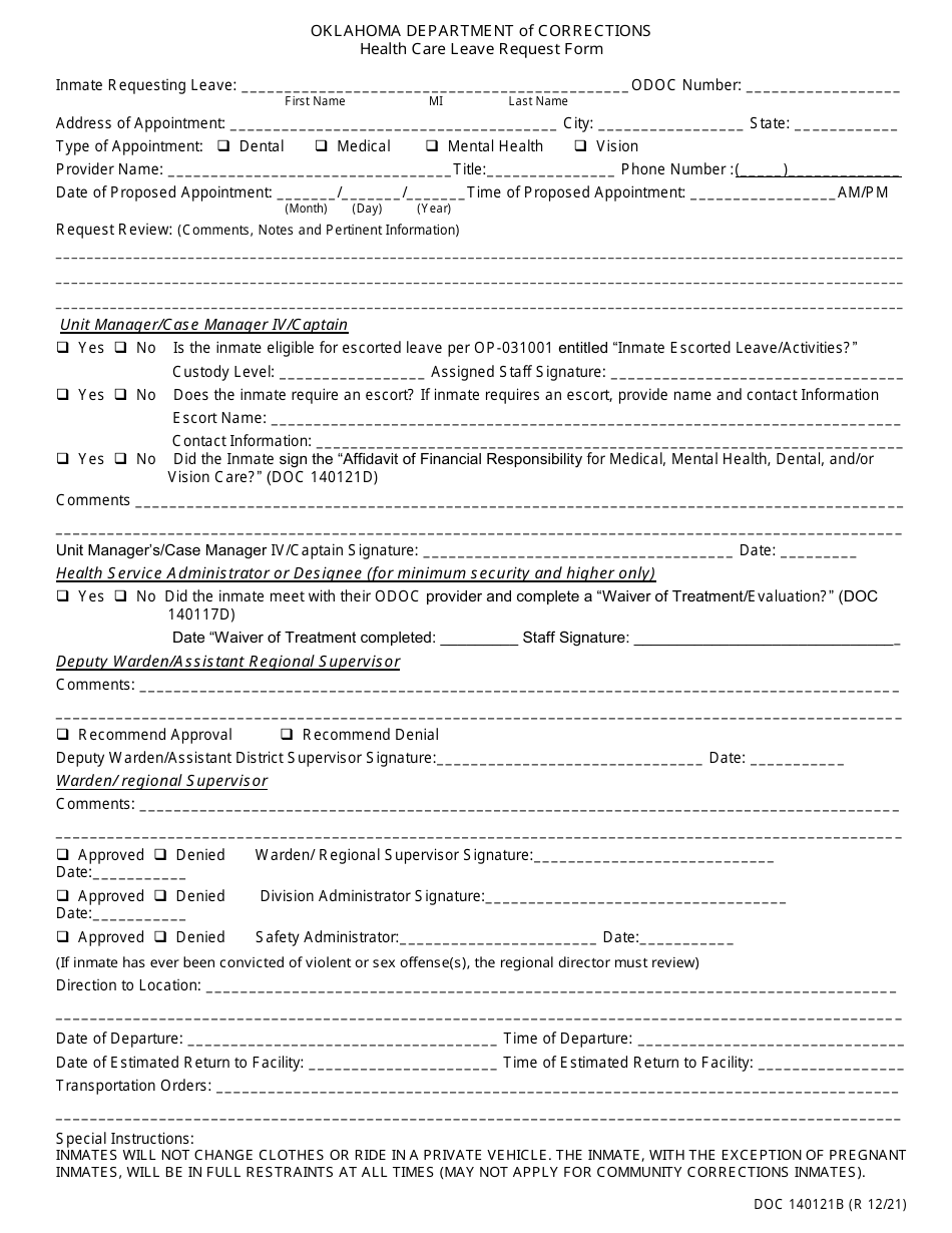 Form OP-140121B Health Care Leave Request Form - Oklahoma, Page 1