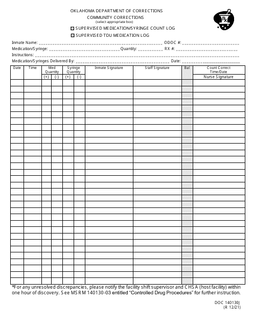Form OP-140130J Community Corrections Supervised Medication/Syringe Count Log or Supervised Tdu Medication Log - Oklahoma