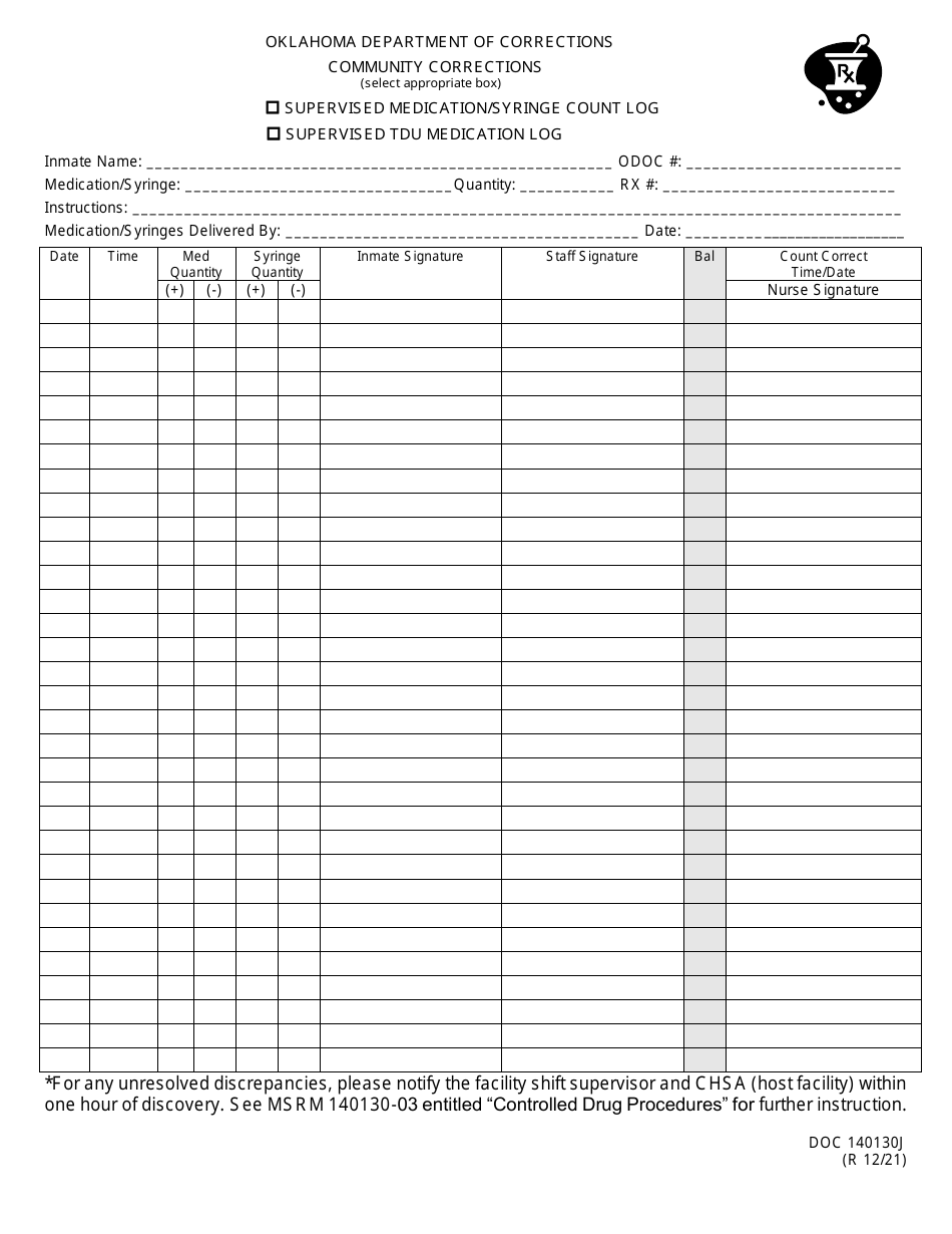 Form OP-140130J Community Corrections Supervised Medication / Syringe Count Log or Supervised Tdu Medication Log - Oklahoma, Page 1