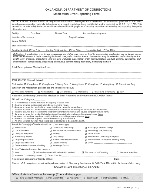 Form OP-140130H Medication Error Reporting Form - Oklahoma