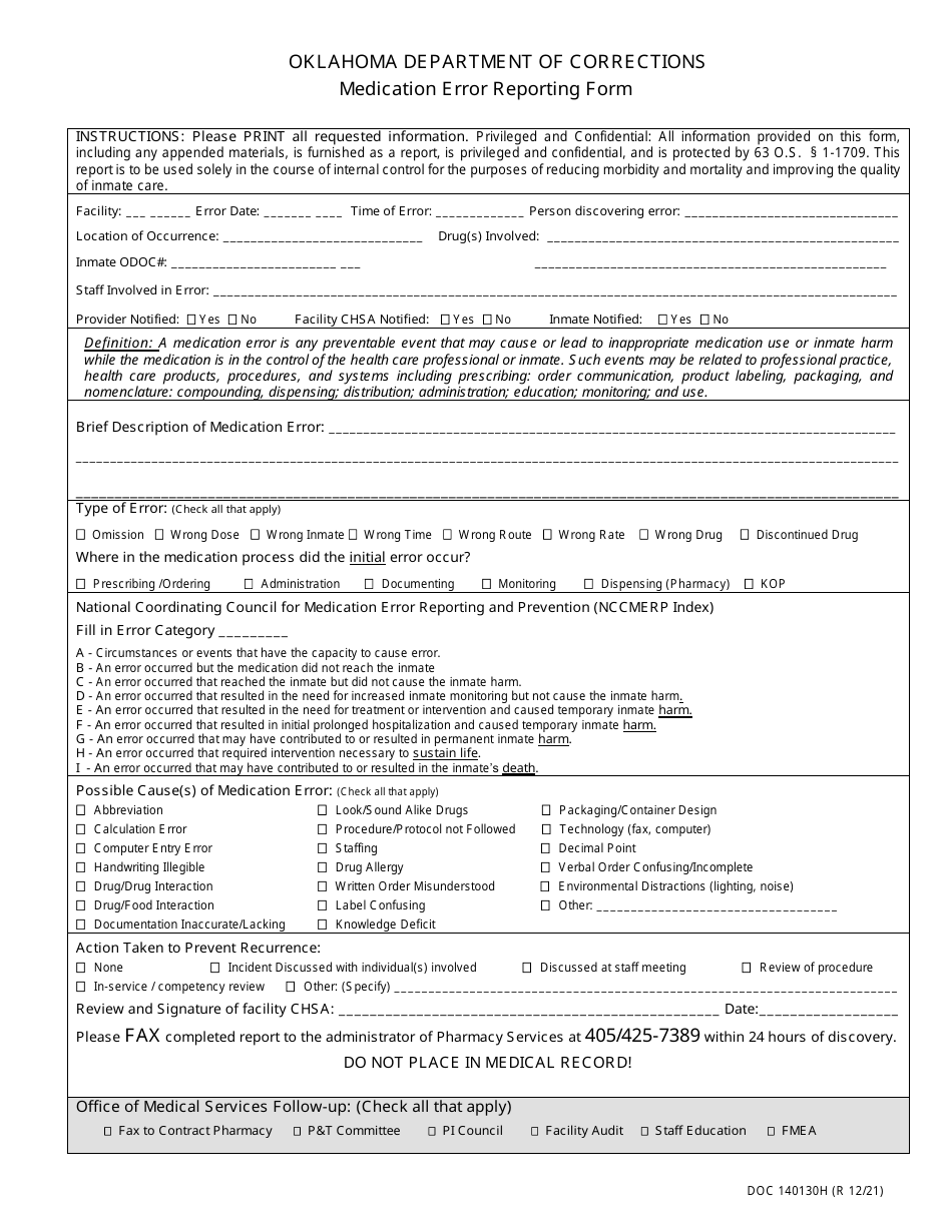 Form OP-140130H Medication Error Reporting Form - Oklahoma, Page 1
