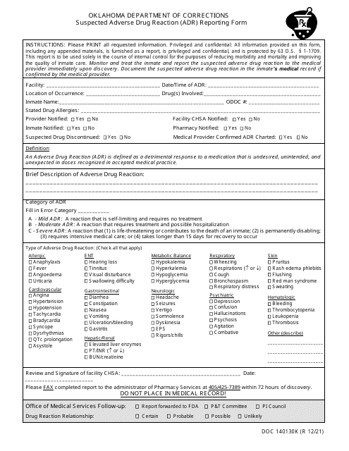 Form OP-140130K Suspected Adverse Drug Reaction (Adr) Reporting Form - Oklahoma