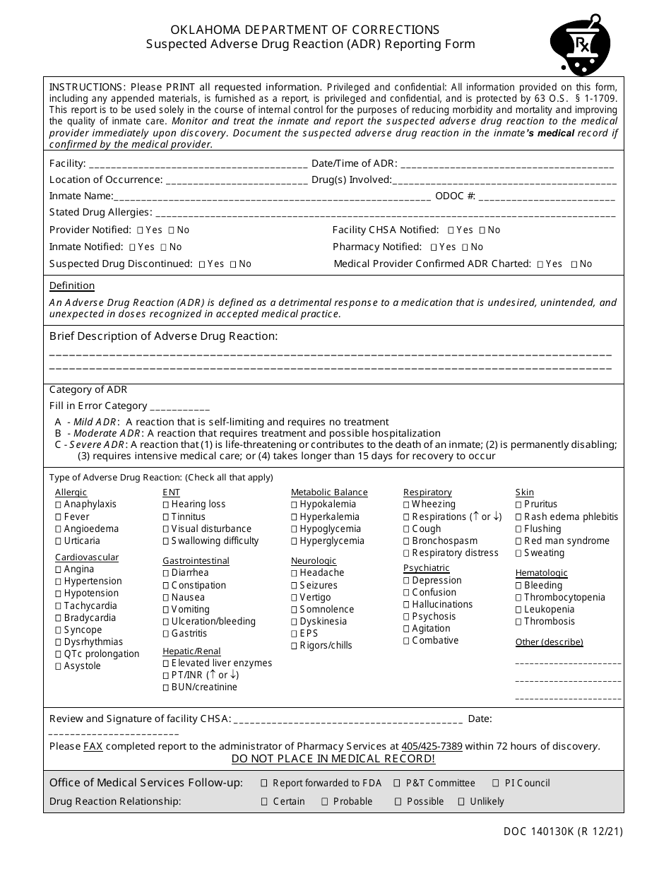 Form OP-140130K Suspected Adverse Drug Reaction (Adr) Reporting Form - Oklahoma, Page 1