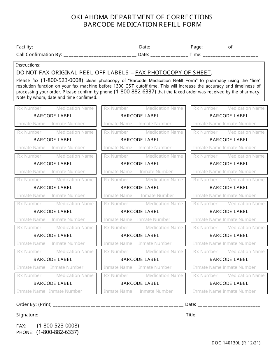 Form OP-140130L Barcode Medication Refill Form - Oklahoma, Page 1