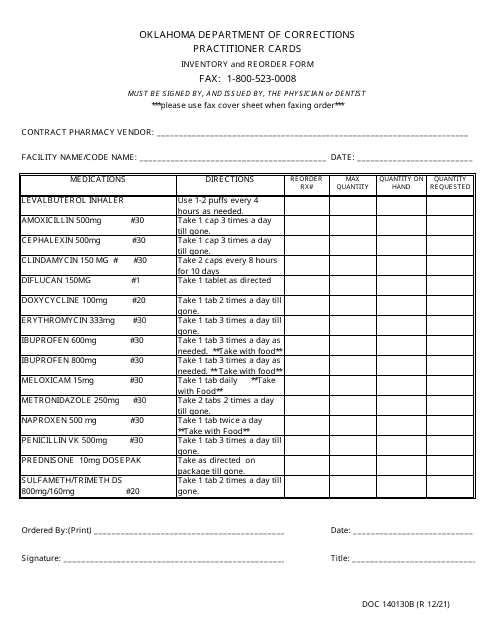 Form OP-140130B Practitioner Cards Inventory and Reorder Form - Oklahoma