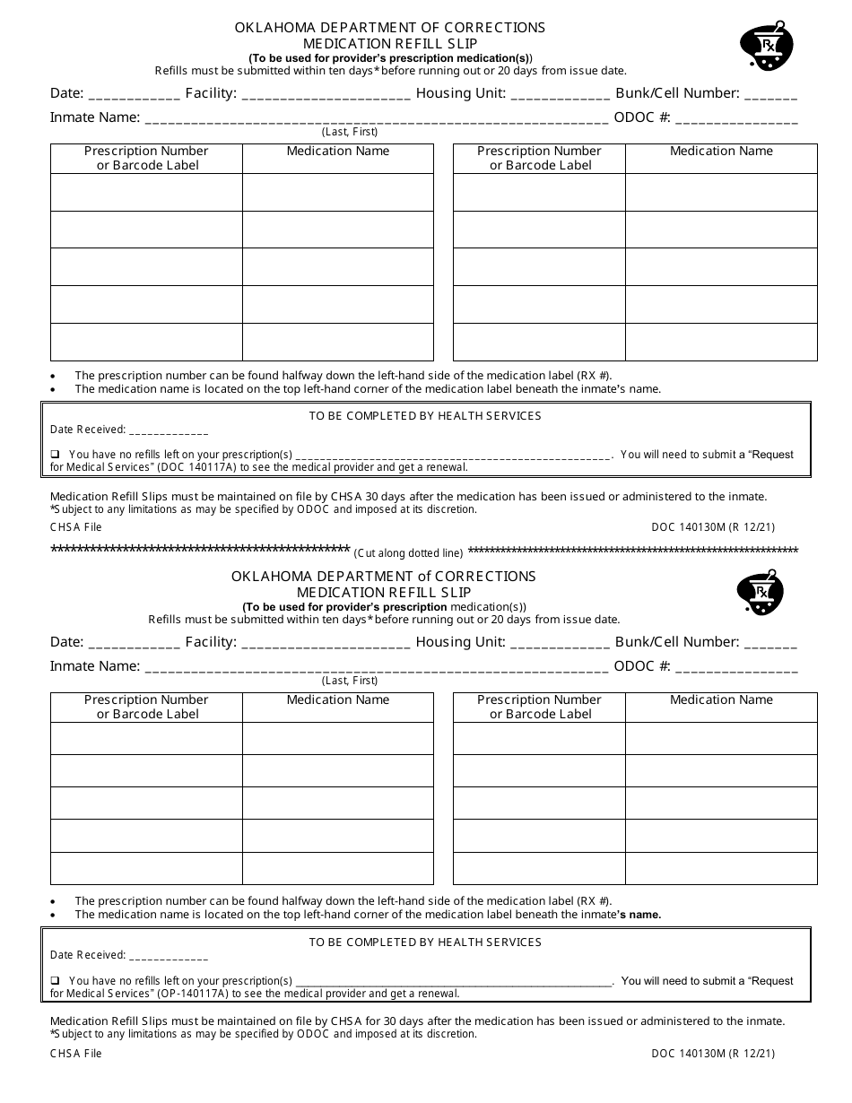 Form OP-140130M Medication Refill Slip (Split Form) - Oklahoma, Page 1