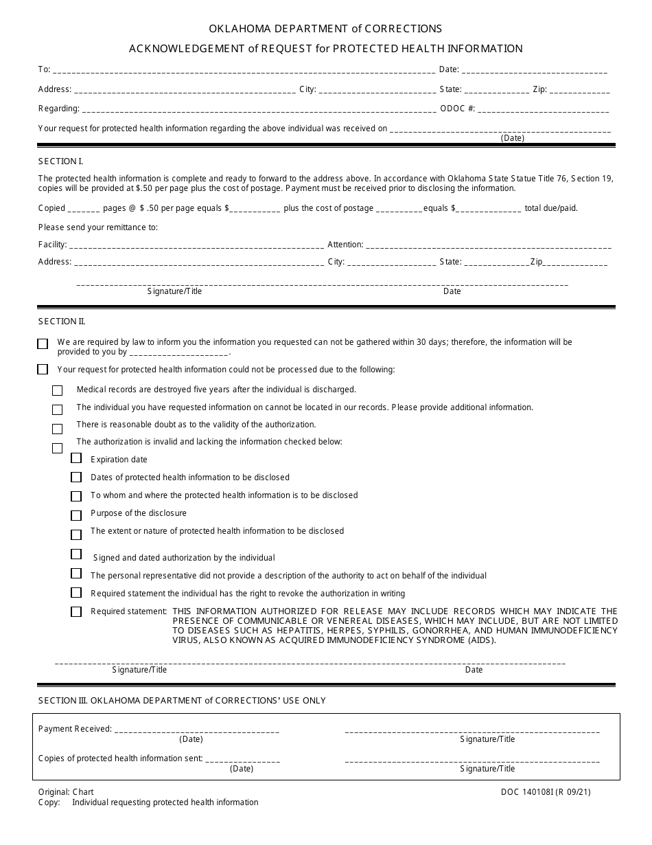 Form OP-140108I Acknowledgement of Request for Protected Health Information - Oklahoma, Page 1
