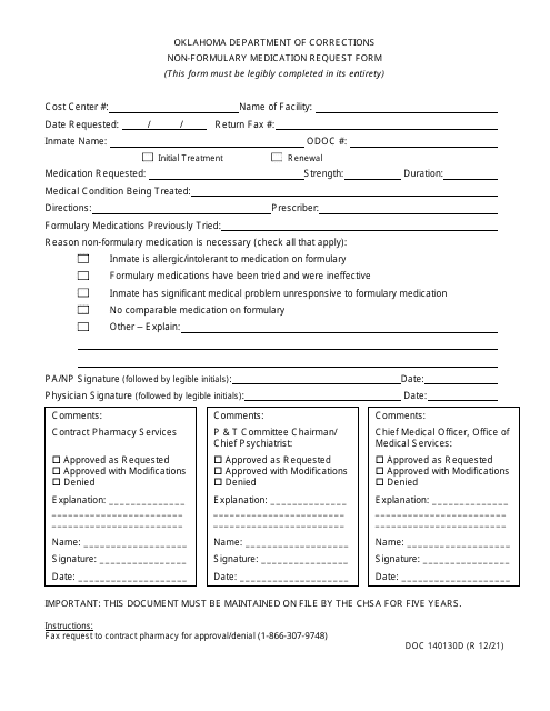 Form OP-140130D Non-formulary Medication Request Form - Oklahoma