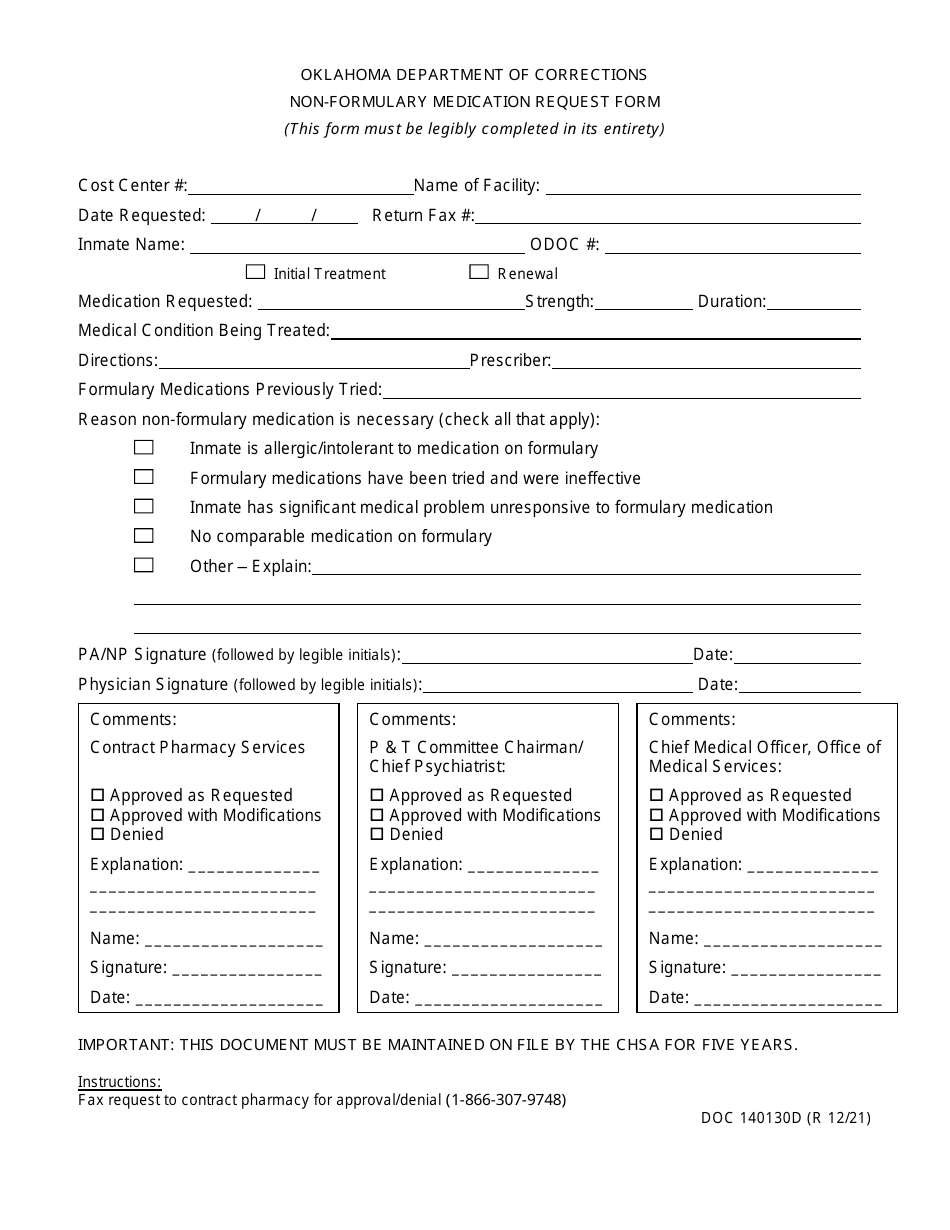 Form OP-140130D Non-formulary Medication Request Form - Oklahoma, Page 1