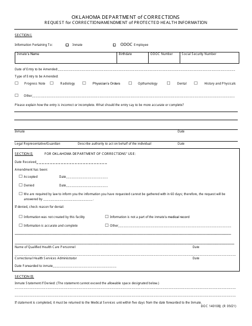 Form OP-140108J Request for Correction/Amendment of Protected Health Information - Oklahoma