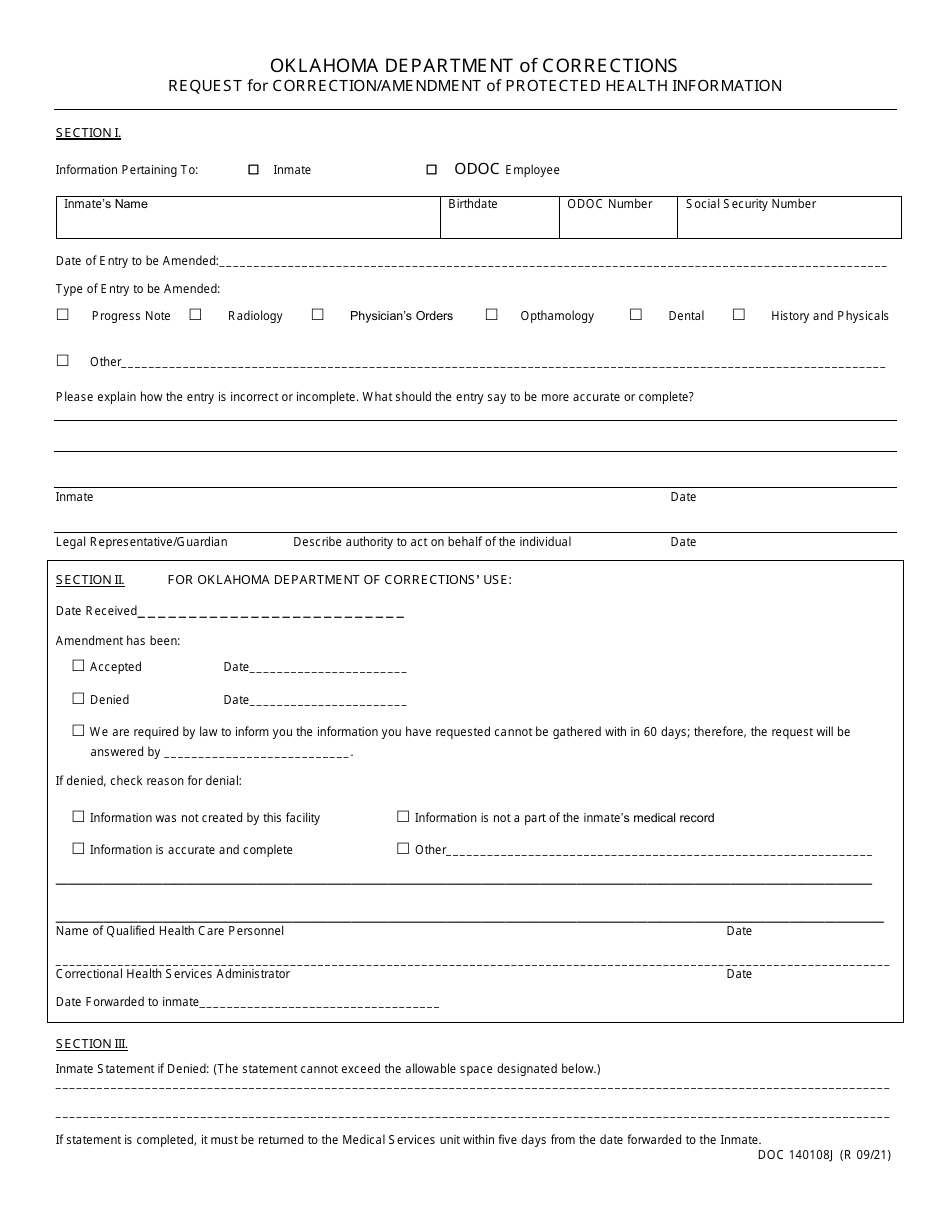Form OP-140108J Request for Correction / Amendment of Protected Health Information - Oklahoma, Page 1