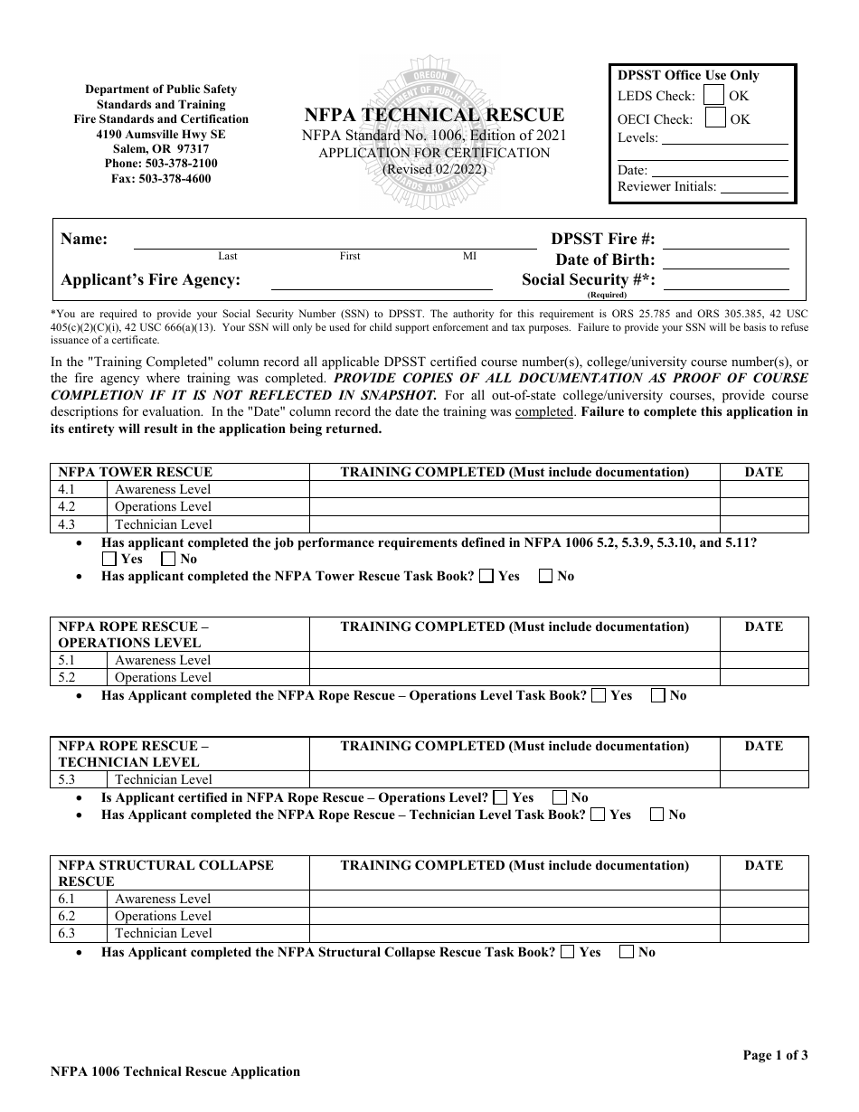 NFPA Technical Rescue Application for Certification - Oregon, Page 1