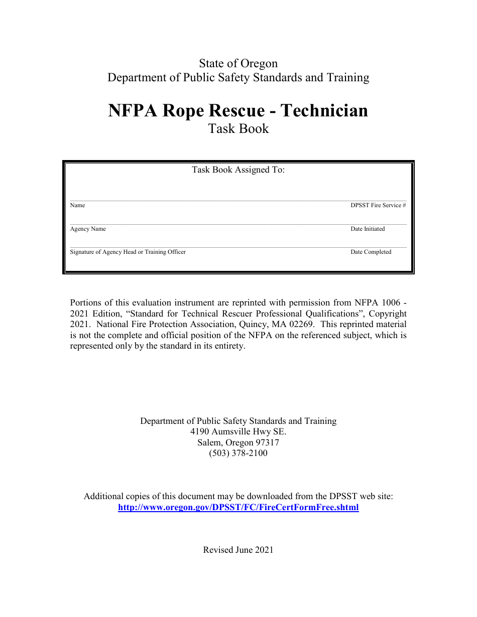NFPA Rope Rescue - Technician Task Book - Oregon, Page 1