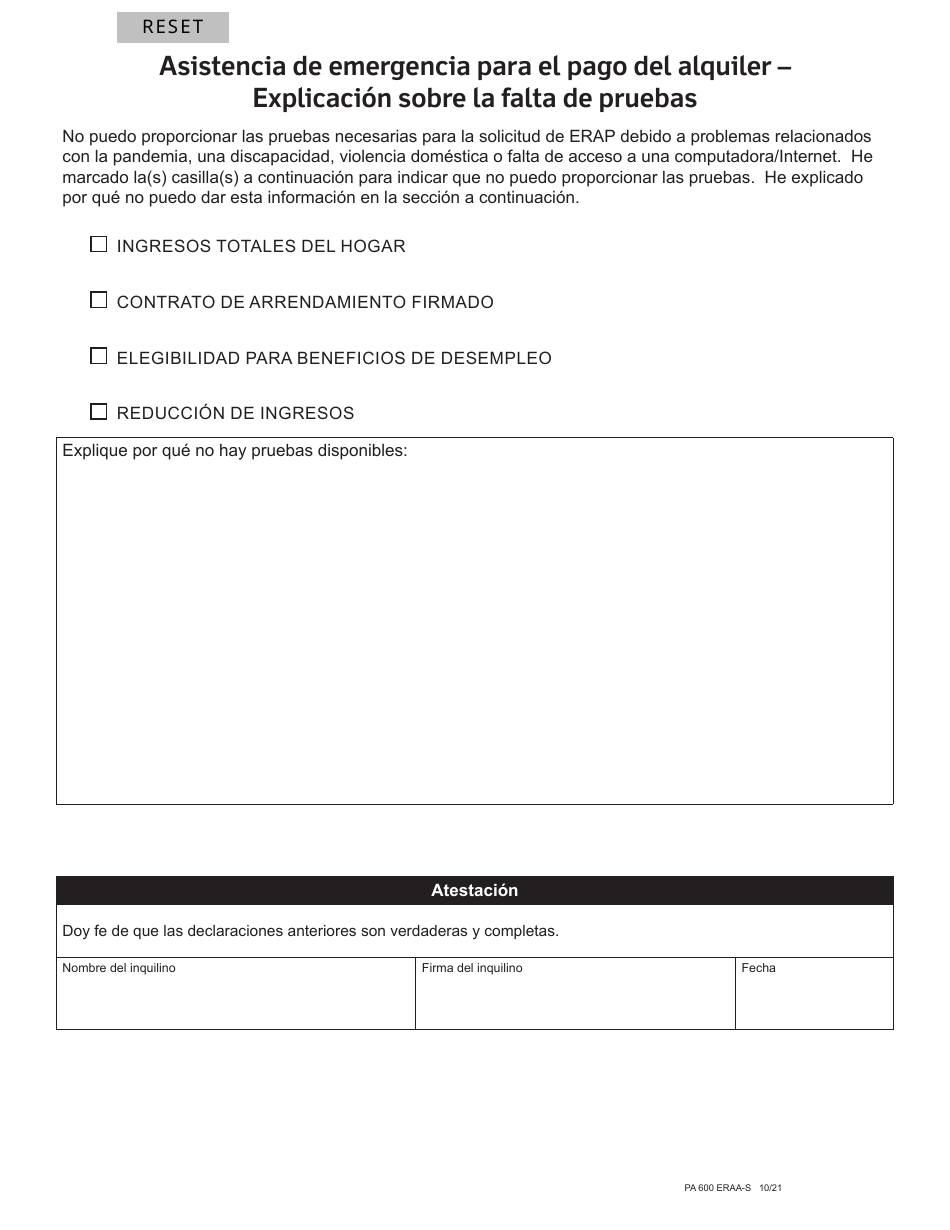 Formulario PA600 ERAA-S Asistencia De Emergencia Para El Pago Del Alquiler - Explicacion Sobre La Falta De Pruebas - Pennsylvania (Spanish), Page 1