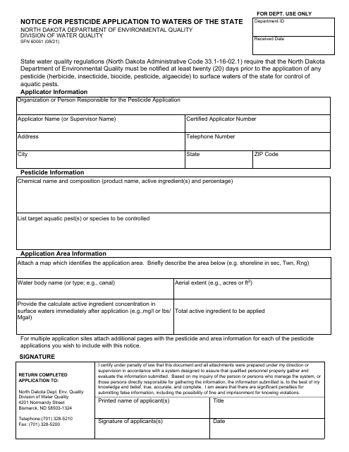 Form SFN60061 Notice for Pesticide Application to Waters of the State - North Dakota