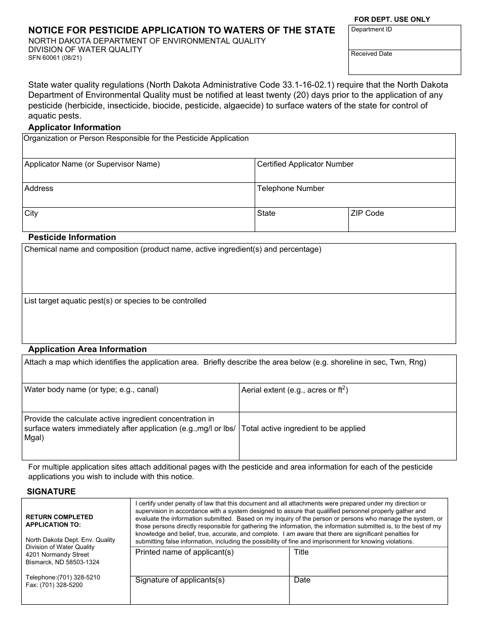 Form SFN60061 Notice for Pesticide Application to Waters of the State - North Dakota, Page 1