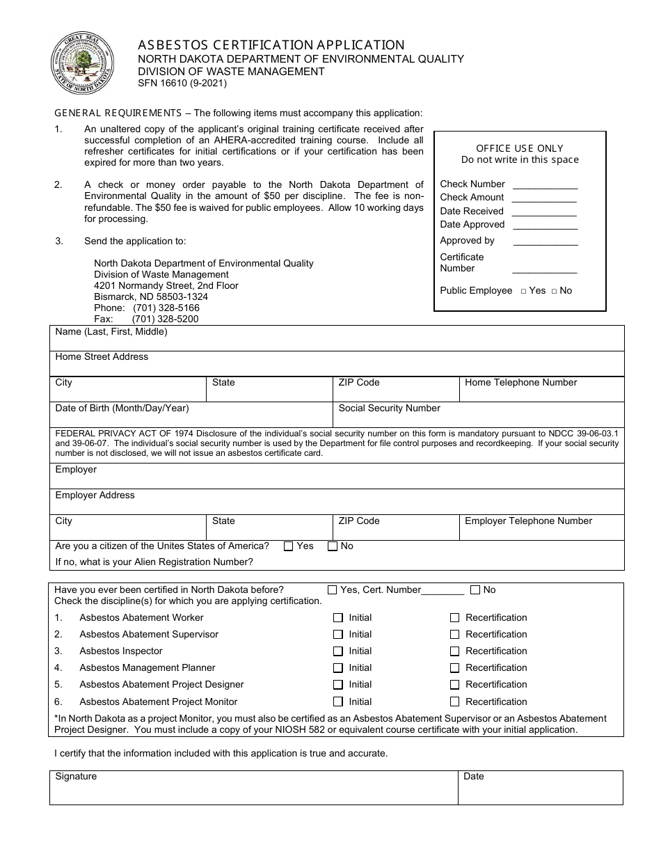 Form SFN16610 Asbestos Certification Application - North Dakota, Page 1