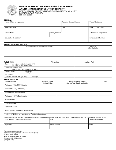 Form SFN8537 Manufacturing or Processing Equipment Annual Emission Inventory Report - North Dakota