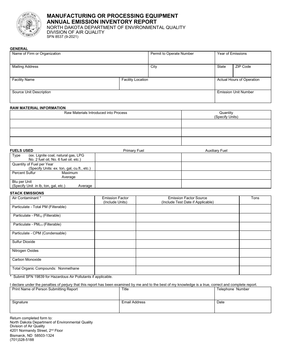 Form SFN8537 Manufacturing or Processing Equipment Annual Emission Inventory Report - North Dakota, Page 1