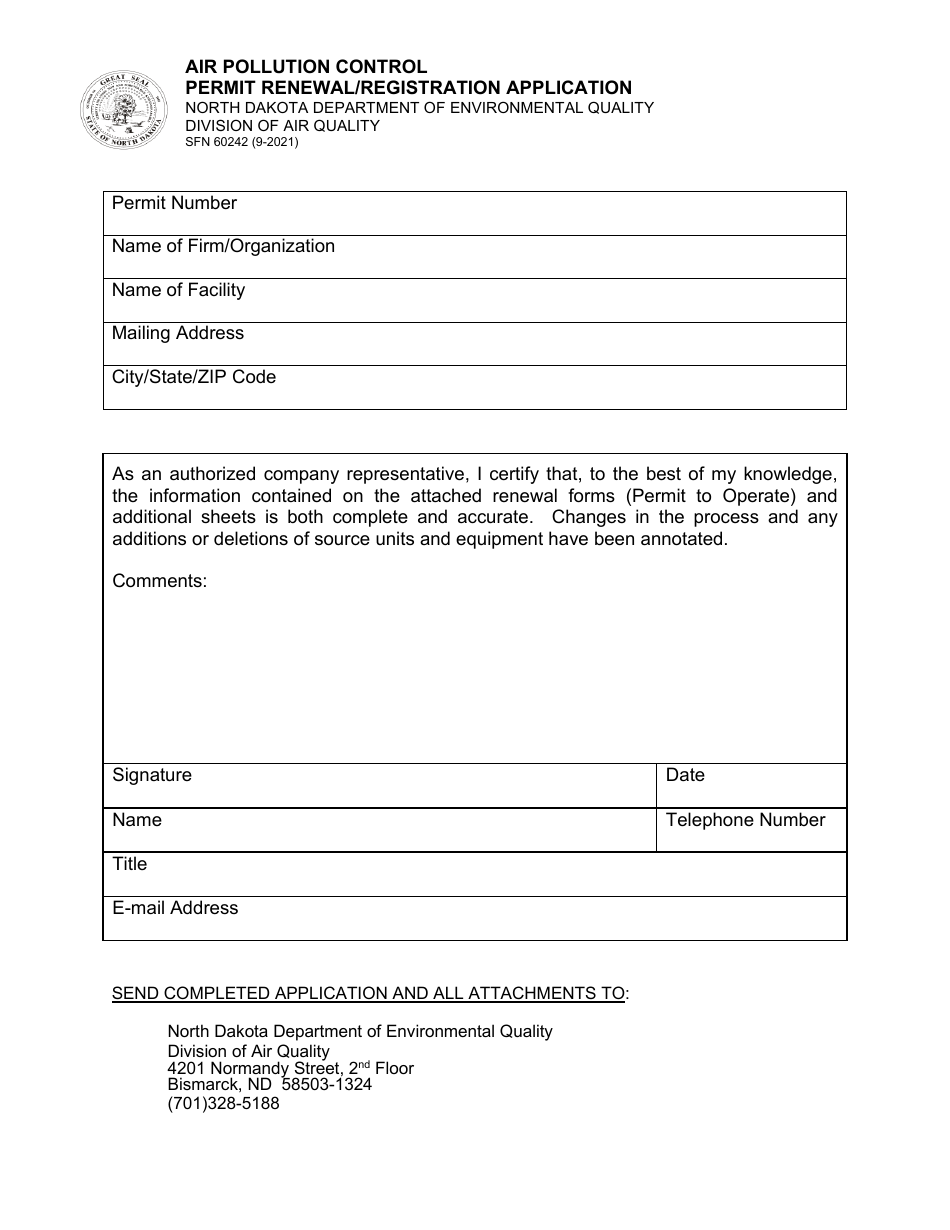 Form SFN60242 Air Pollution Control Permit Renewal / Registration Application - North Dakota, Page 1