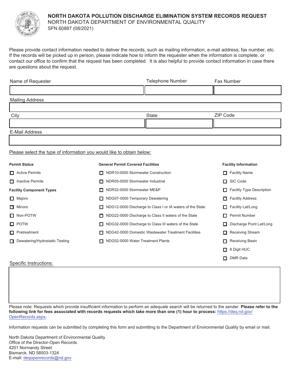 Form SFN60887 Pollution Discharge Elimination System Records Request - North Dakota, Page 1