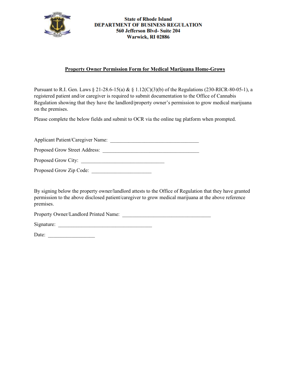 Property Owner Permission Form for Medical Marijuana Home-Grows - Rhode Island, Page 1