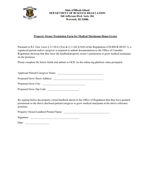 Property Owner Permission Form for Medical Marijuana Home-Grows - Rhode Island Download Pdf