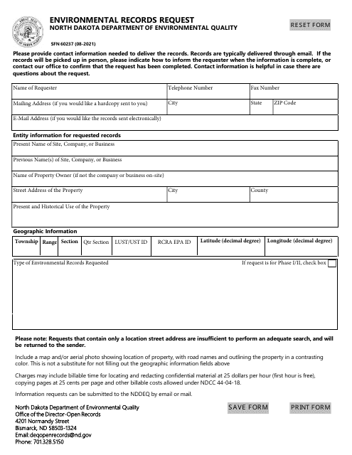 Form SFN60237 Environmental Records Request - North Dakota