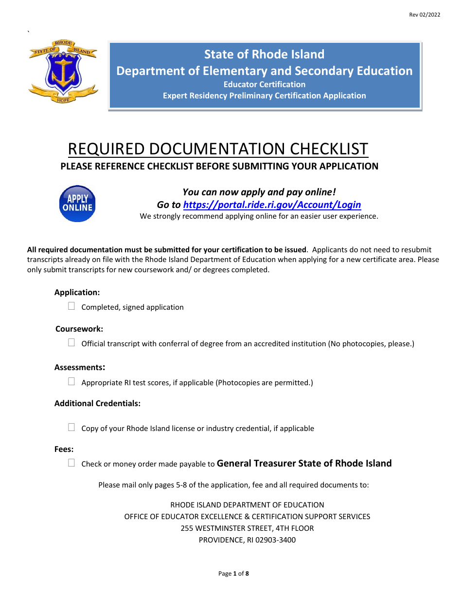 Expert Residency Preliminary Certification Application Form - Rhode Island, Page 1