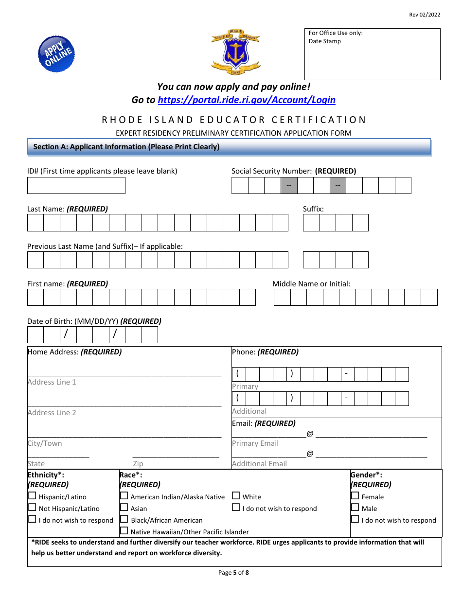 Expert Residency Preliminary Certification Application Form - Rhode Island, Page 5