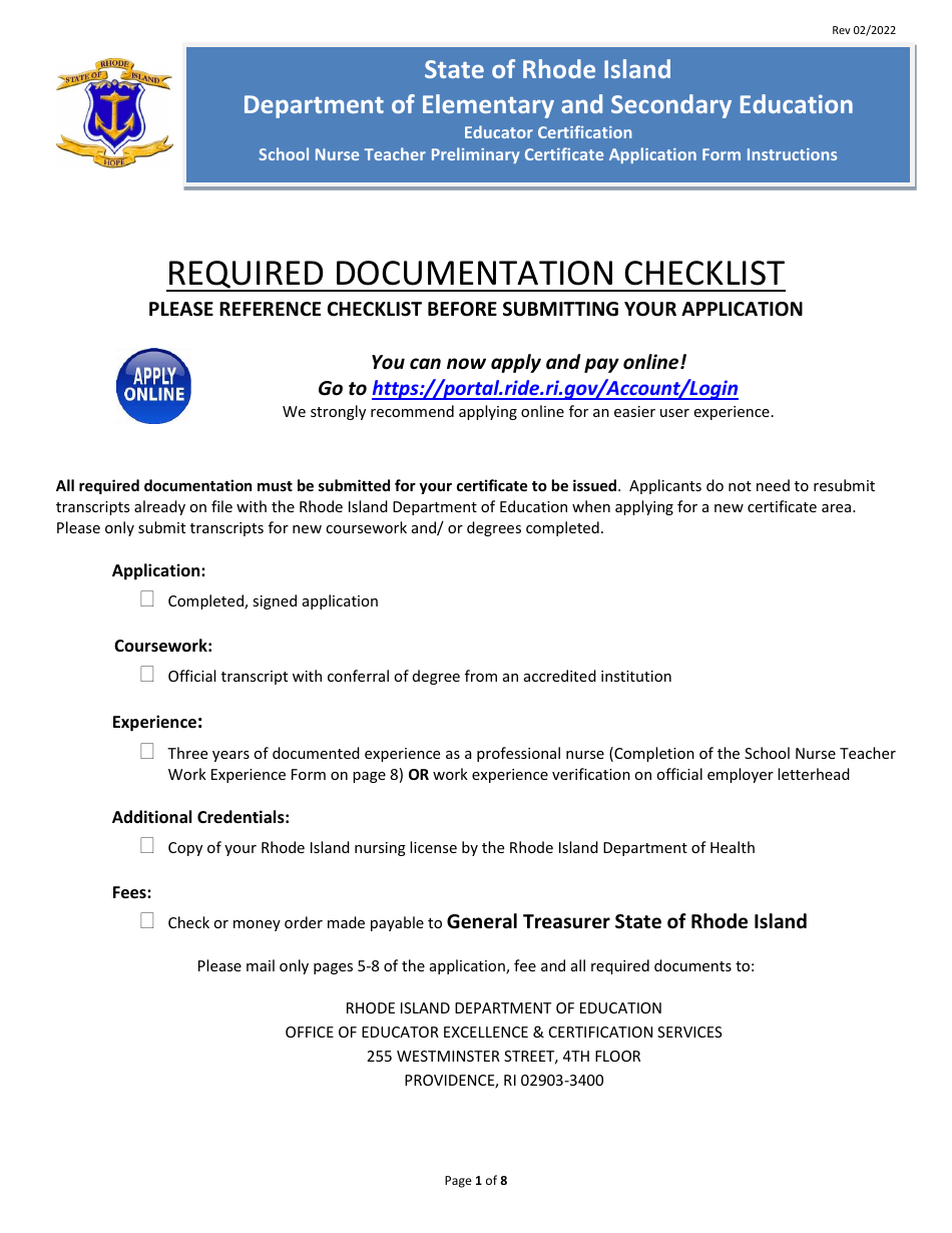 School Nurse Teacher Preliminary Certificate Application Form - Rhode Island, Page 1