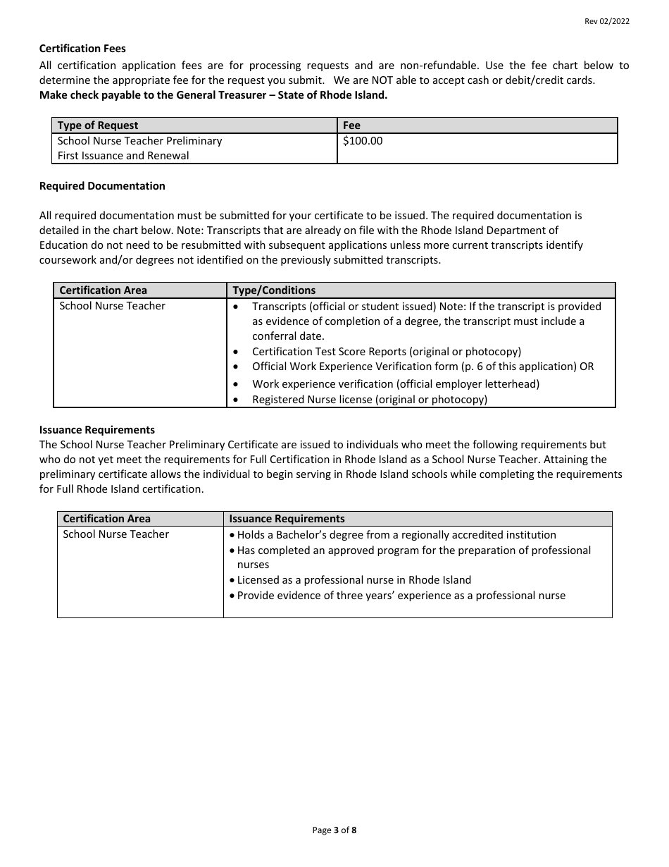 School Nurse Teacher Preliminary Certificate Application Form - Rhode Island, Page 3