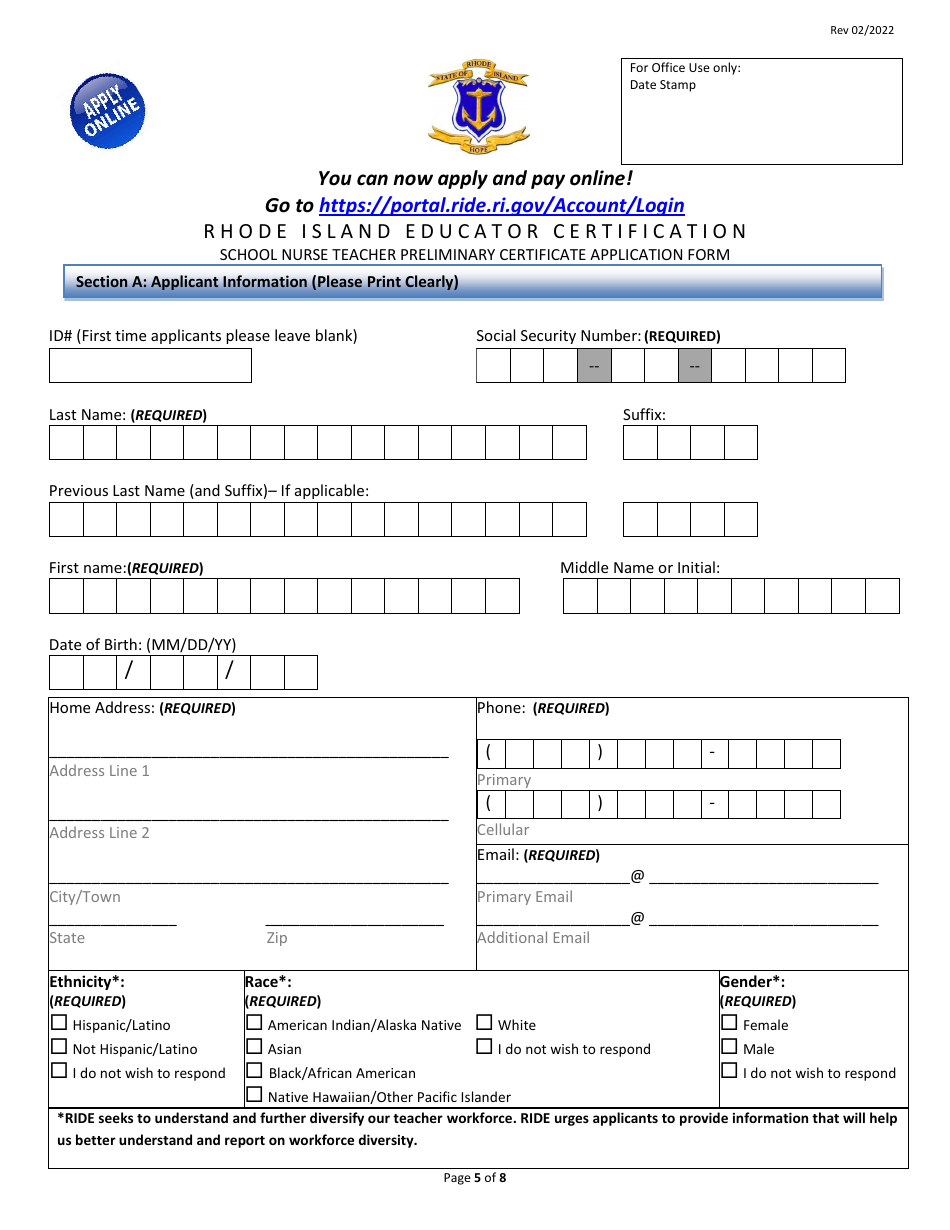 School Nurse Teacher Preliminary Certificate Application Form - Rhode Island, Page 5