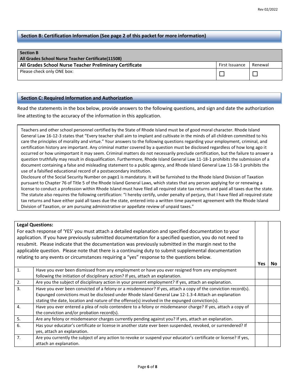 School Nurse Teacher Preliminary Certificate Application Form - Rhode Island, Page 6