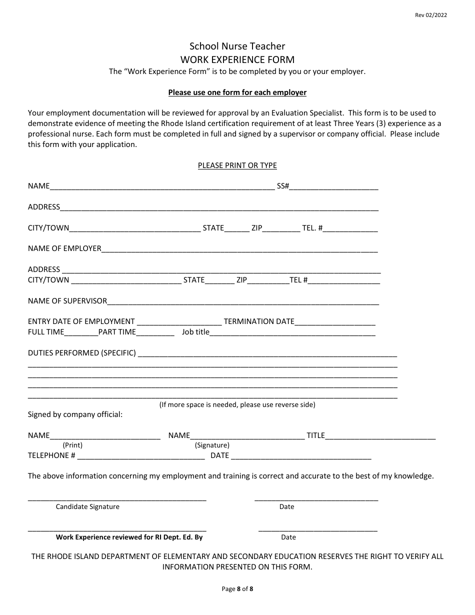 School Nurse Teacher Preliminary Certificate Application Form - Rhode Island, Page 8