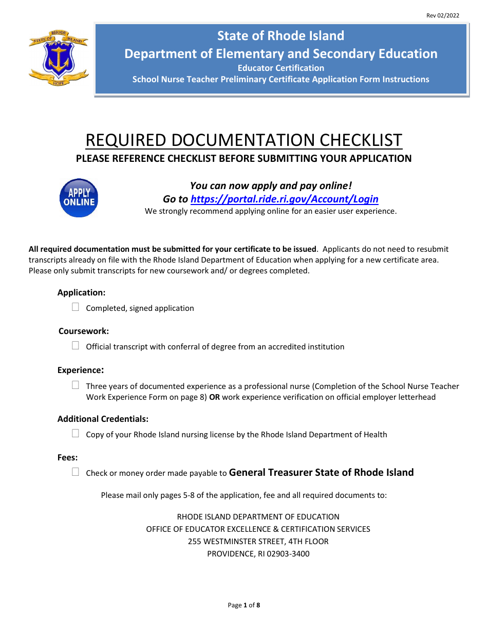 Rhode Island School Nurse Teacher Preliminary Certificate Application ...