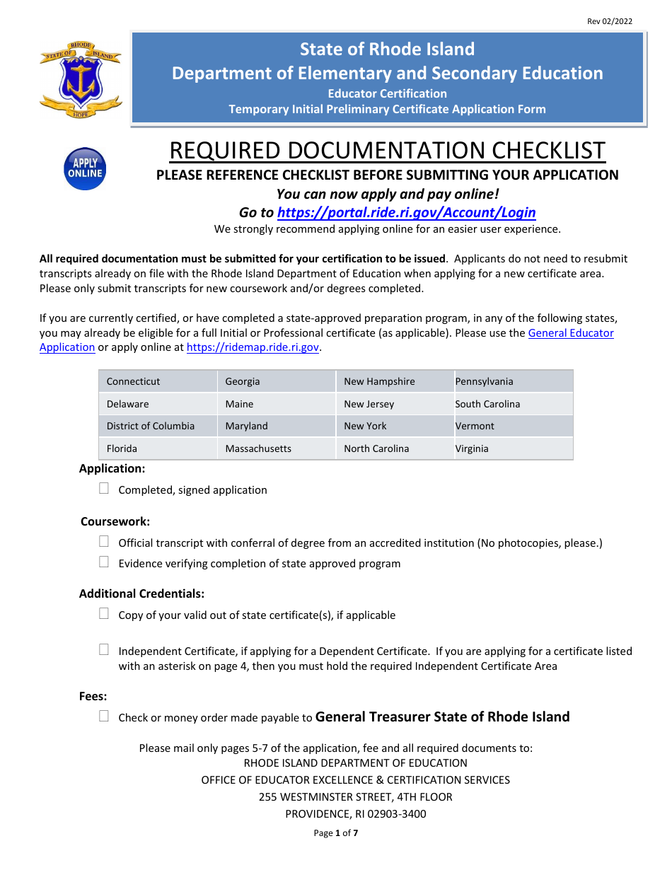 Temporary Initial Educator Certificate Application Form - Rhode Island, Page 1