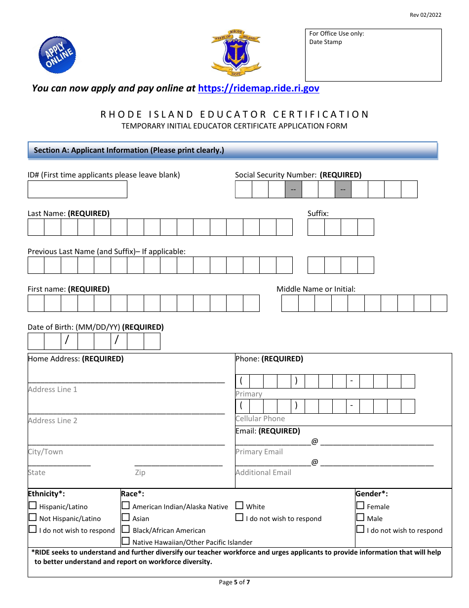 Temporary Initial Educator Certificate Application Form - Rhode Island, Page 5