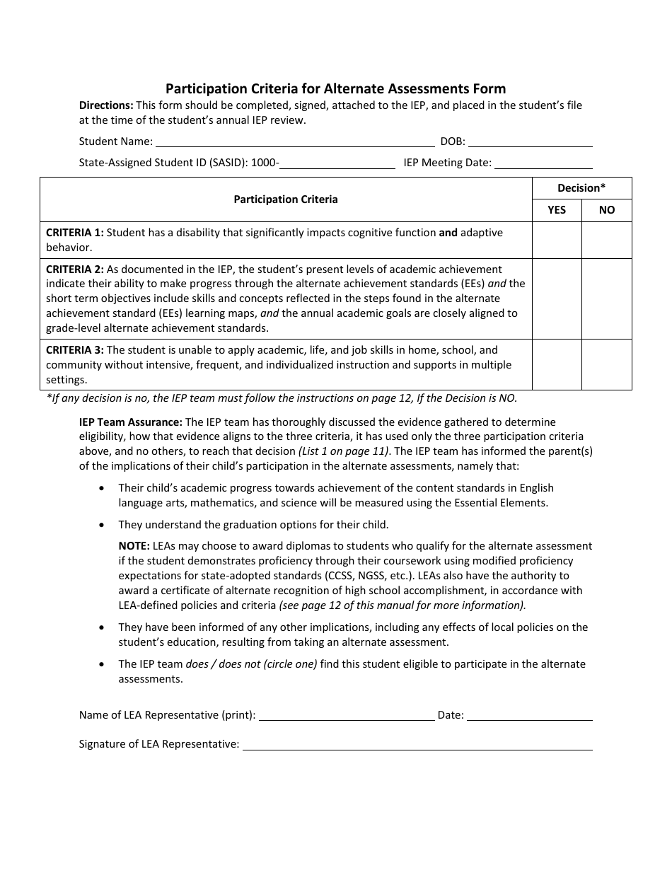 Participation Criteria for Alternate Assessments Form - Rhode Island, Page 1