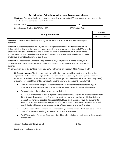 Participation Criteria for Alternate Assessments Form - Rhode Island Download Pdf
