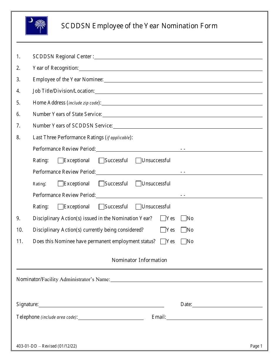 Form 403-01-DD Employee of the Year Nomination Form - South Carolina, Page 1