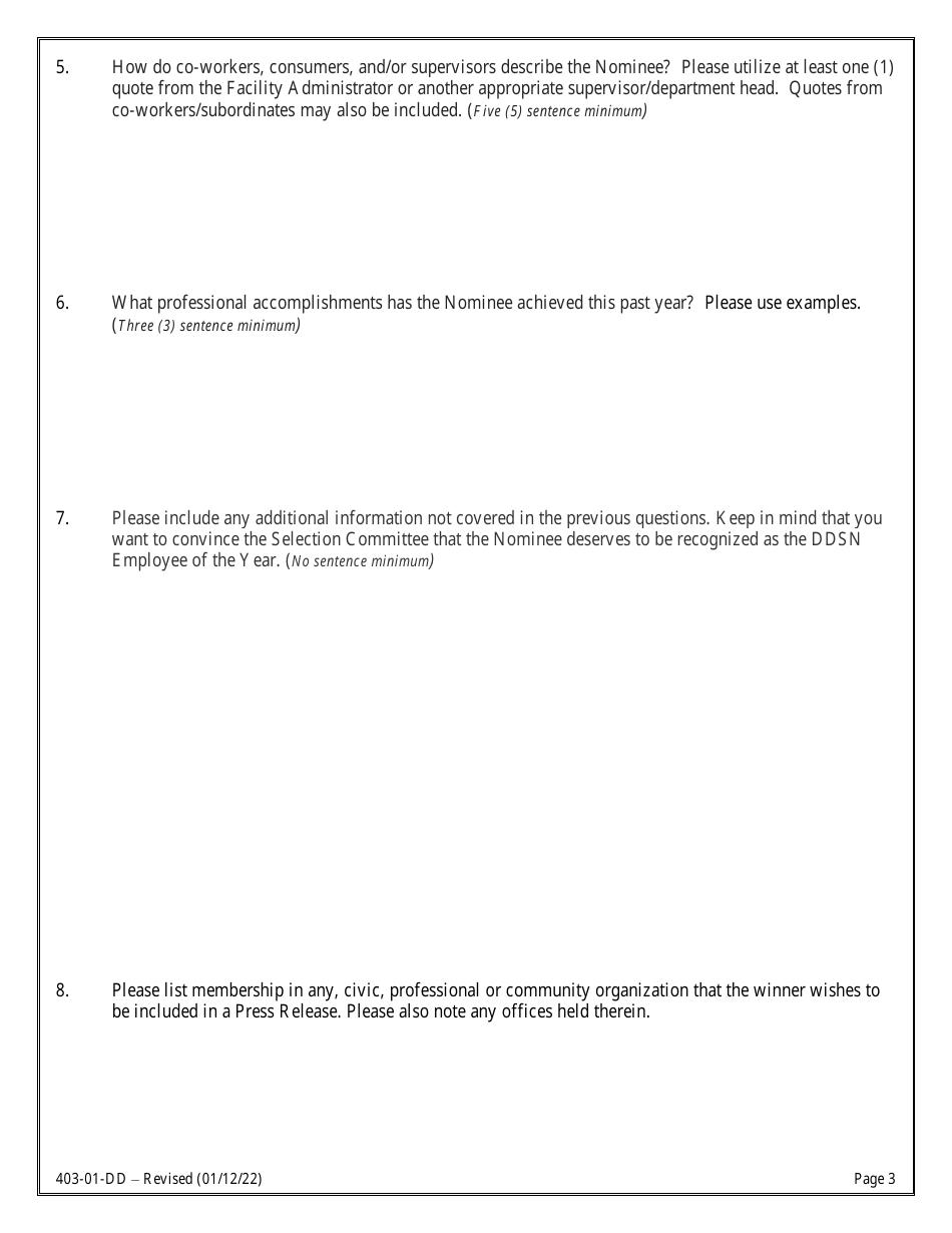 Form 403-01-DD Employee of the Year Nomination Form - South Carolina, Page 3