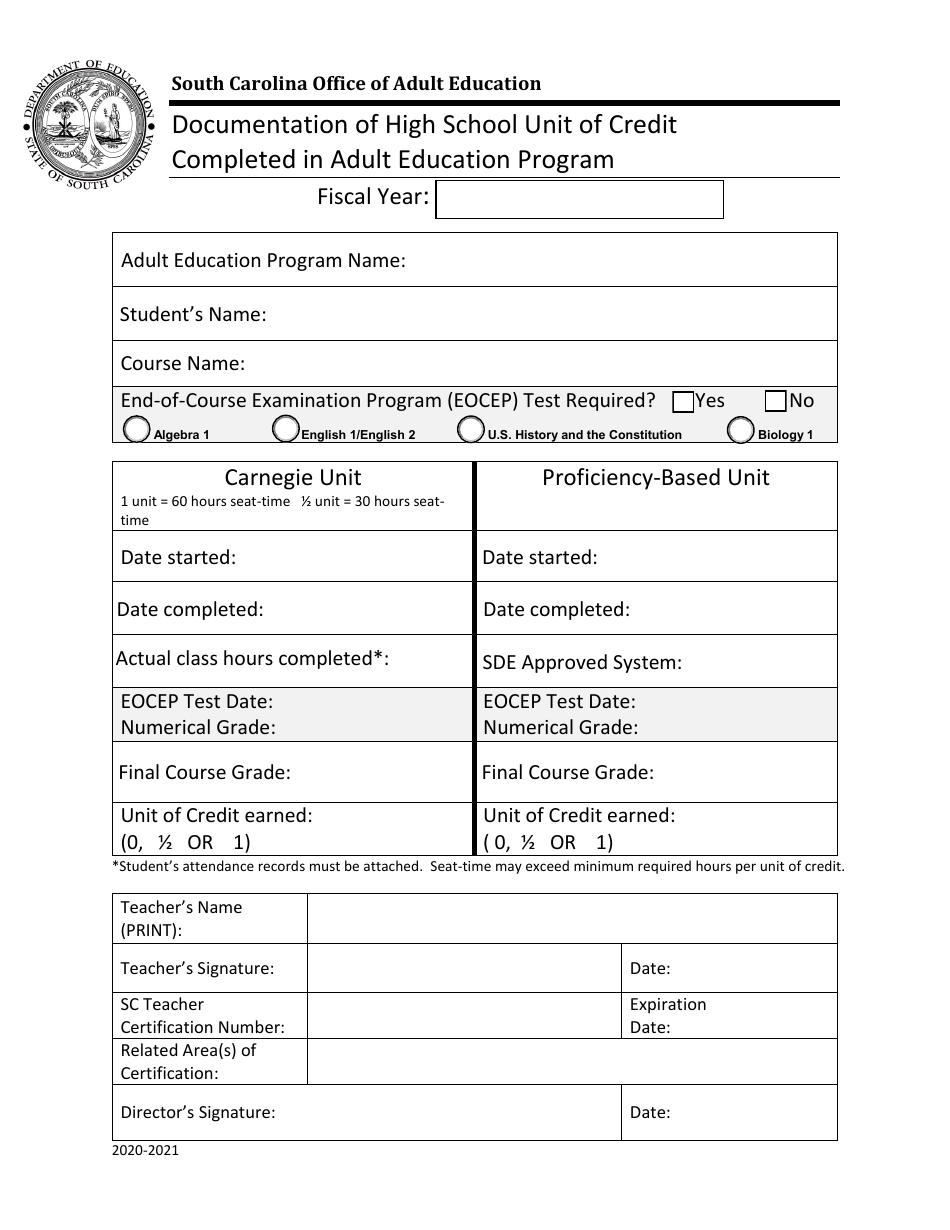 Documentation of High School Unit of Credit Completed in Adult Education Program - South Carolina, Page 1
