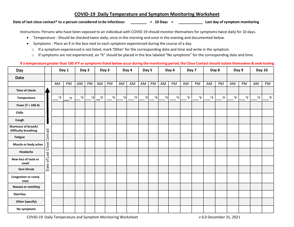 Covid-19 Daily Temperature and Symptom Monitoring Worksheet - South Carolina, Page 1